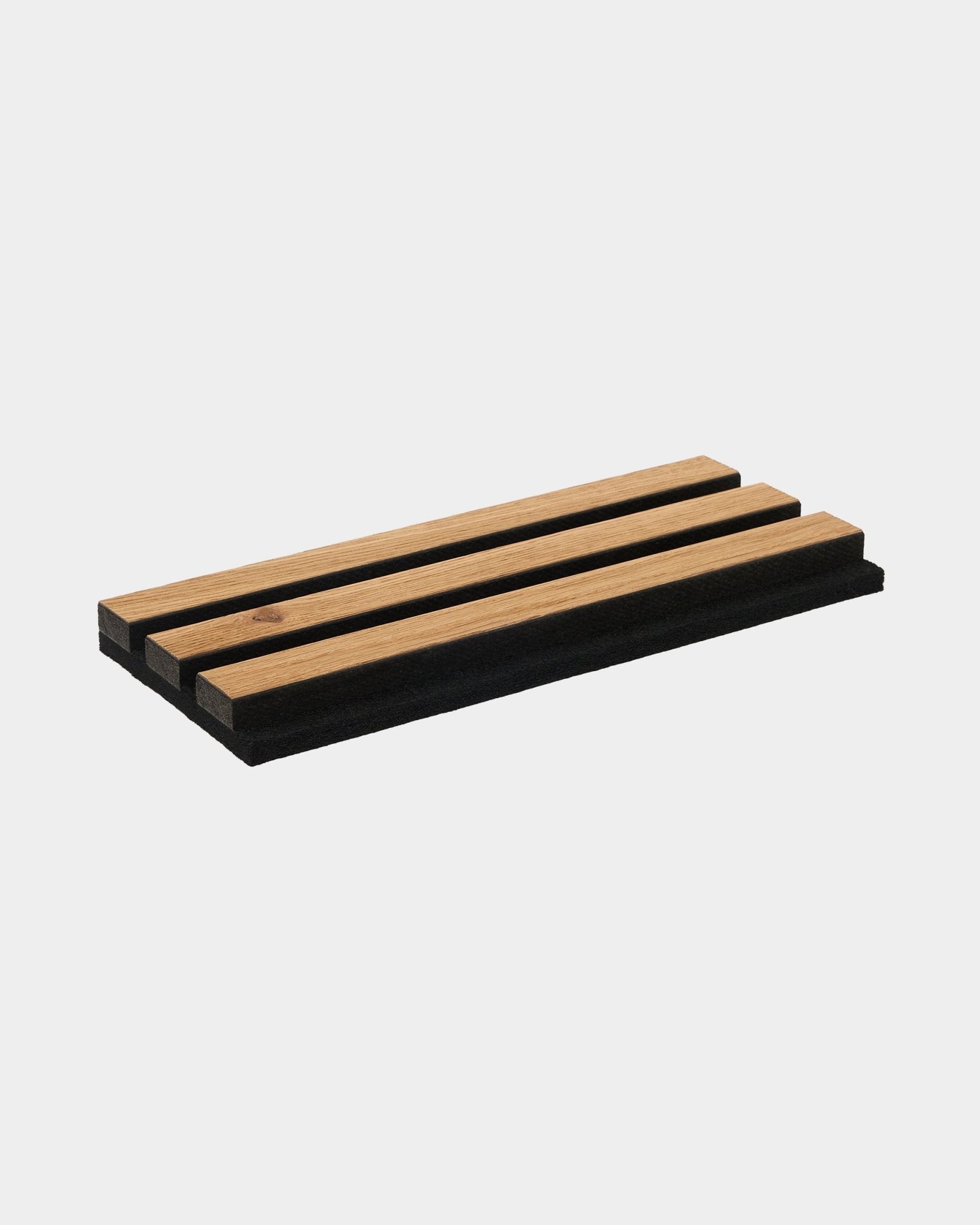 Brown oak rectangular soap dish sample by WoodUpp, featuring three slats and a black base in a minimalist Nordic design from the CREATE accessories collection.